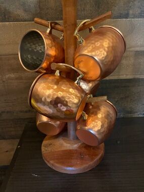Hammered Copper Mug Set - 6 Moscow Mule Mugs w/ wooden stand.